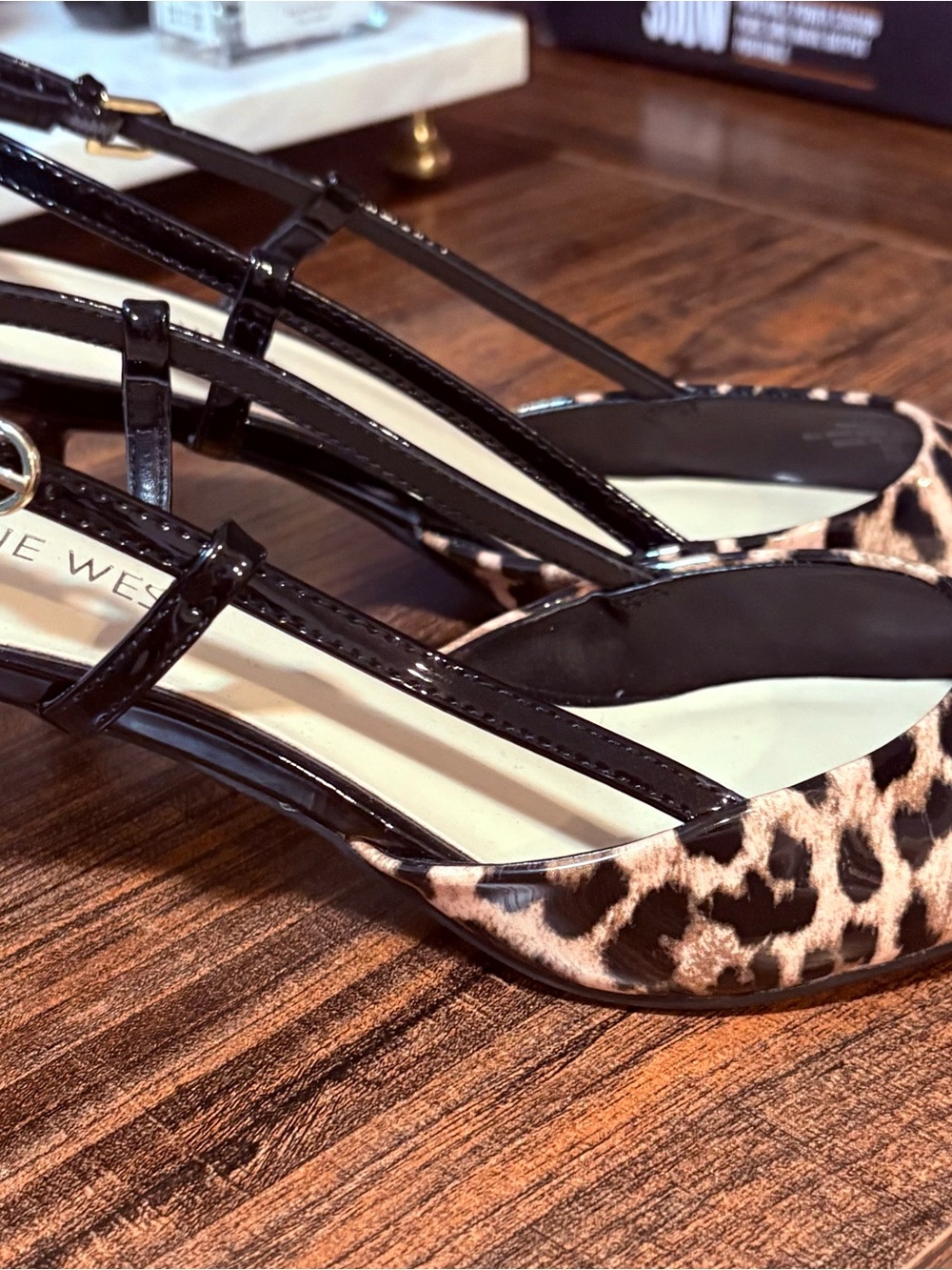 Nine West Leopard Print Slingback Heels with Black Patent Straps
